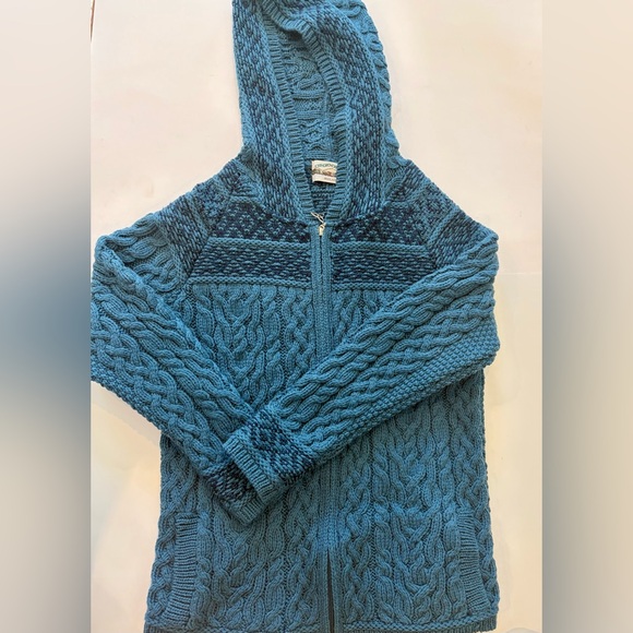 Aran Crafts Sweaters - Aran Crafts Ireland Cable Knit Hoodie Sweater Womens M Blue Full Zip Chunky Wool